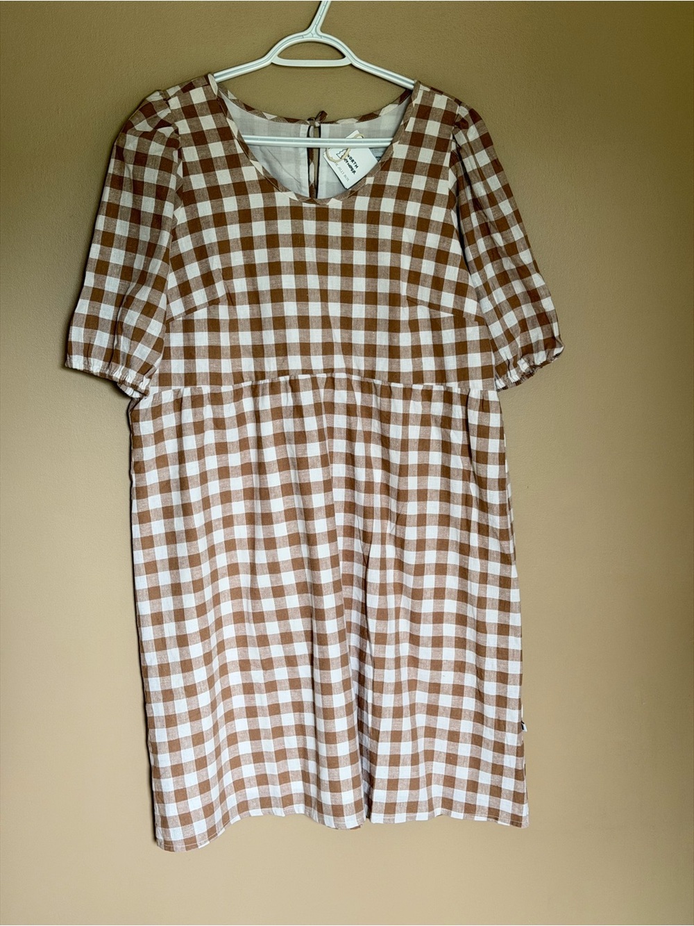 Women’s Brown Gingham Midi Dress with Puff Sleeves Cottagecore - Picture 2 of 8
